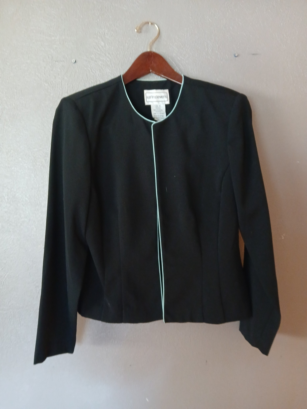 Karin Stevens Black Collarless Jacket with Mint Trim
